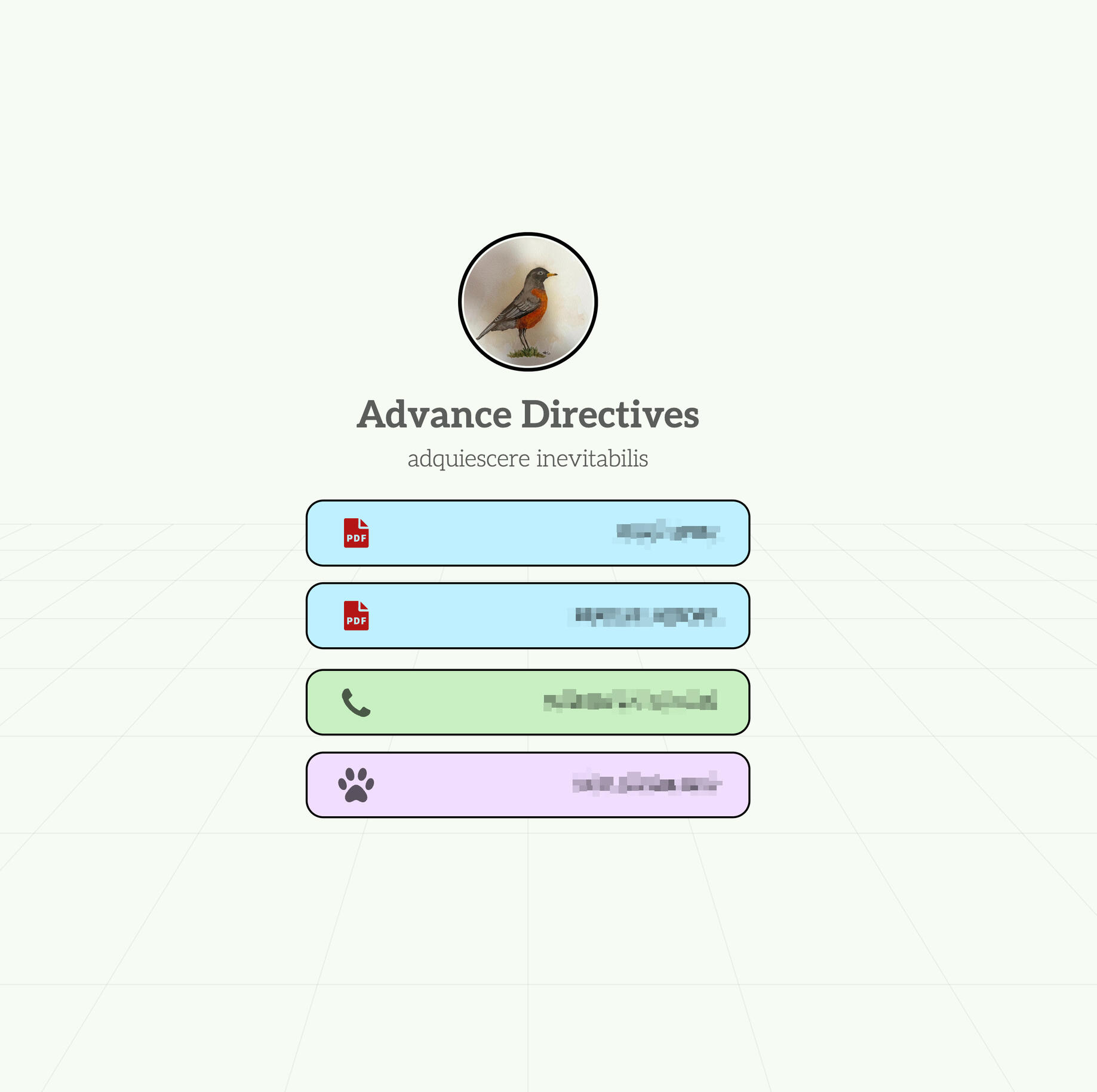 A screenshot of a mobile-sized web page. A sepia image of a serious looking Cairn Terrier is at the top with the words "Advance Directives" and "aquiescere inevitabilis" overlaid in white. Below are three panel style buttons in ever-darkening shades of gra