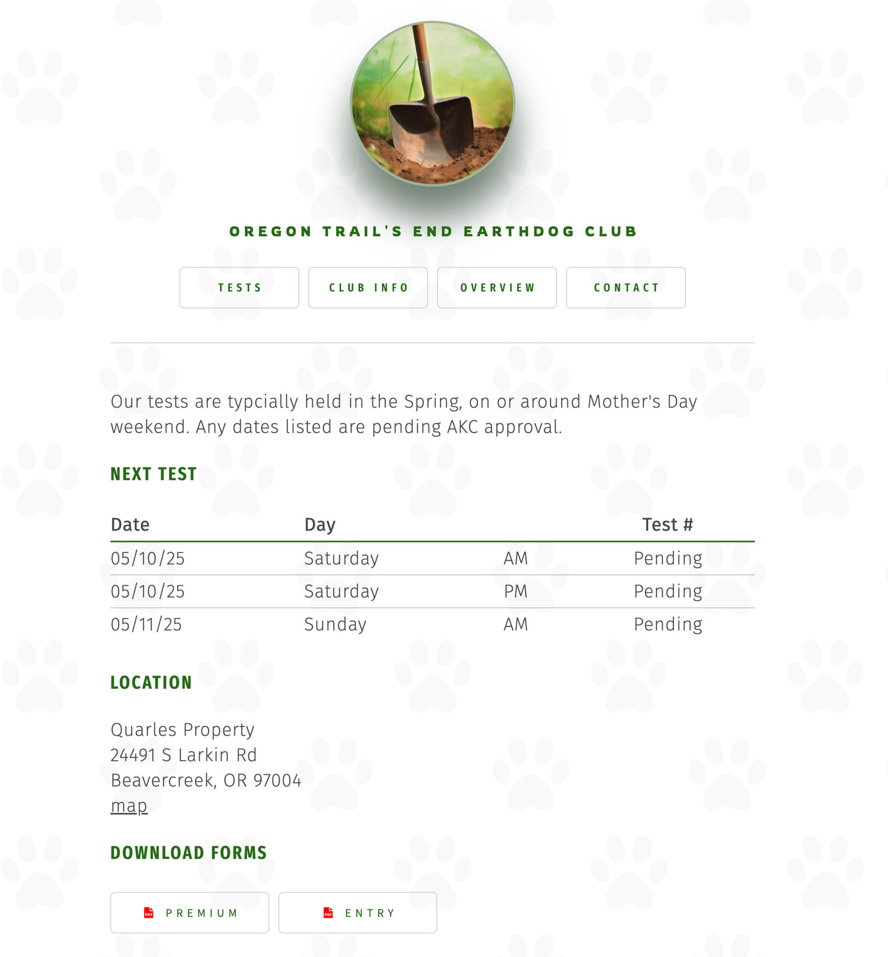 A screenshot of a very plain web page. There are pawprints in the background and a round logo at the top center of the page shows a shovel in dirt against a green grassy background.