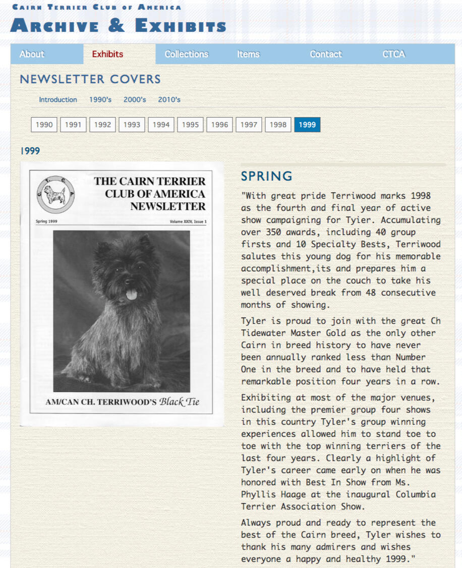 Screenshot of an archive web page. The page background is a yellowed paper texture with a pale blue navigation bar. A black and white magazine cover is featured on the left side with a long article excerpt on the right.